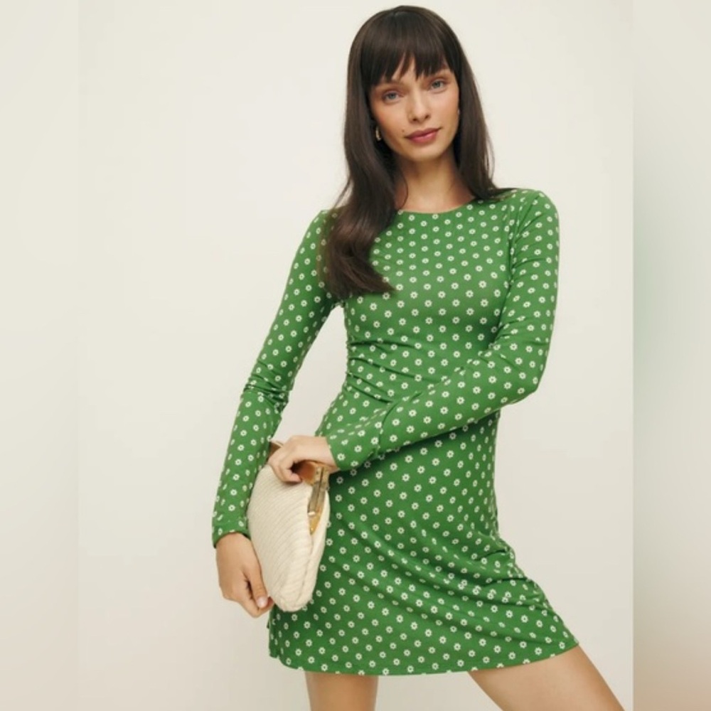 Reformation Green Daisy-Print Long Sleeve Mini Dress